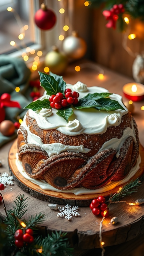 A traditional Christmas fruit cake decorated with icing and festive ornaments on a wooden table.